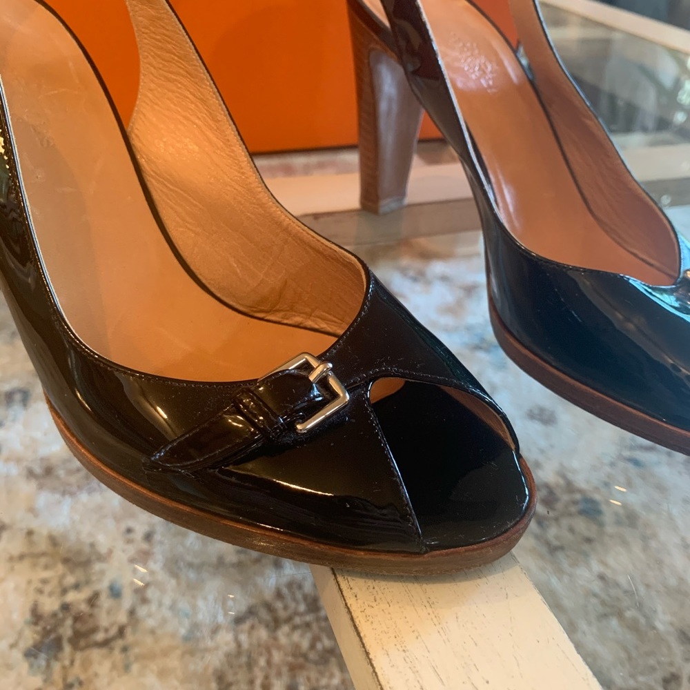 Vintage Hermès Black Patent Leather Slingback Heels~Size 37 - Picture 9 of 15